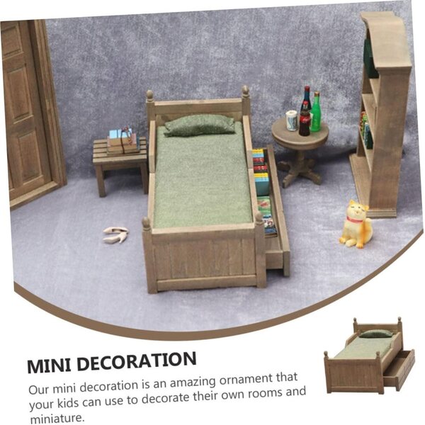 VICASKY Antikes Puppenhaus-Miniaturbett, dekoratives Holzmodell