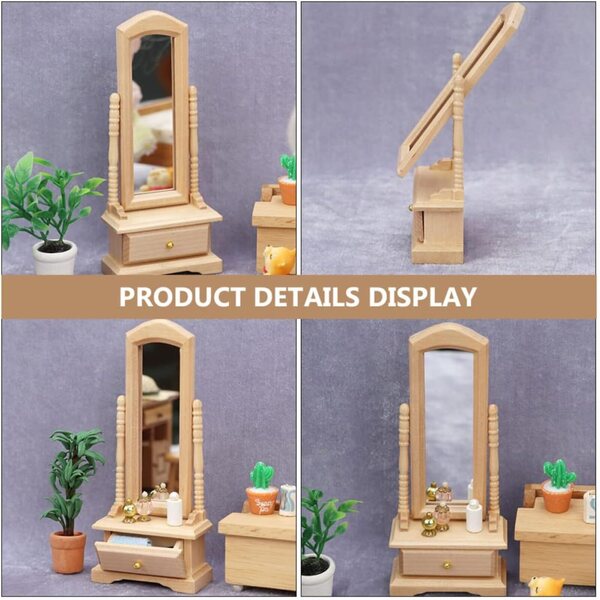 VICASKY Mini-Schminkspiegel aus Holz für das Puppenhaus, realistisches dekoratives Accessoire
