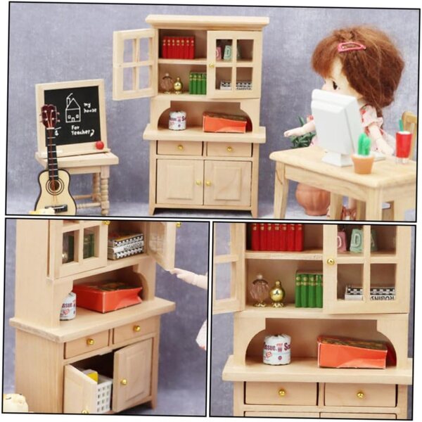 Mini libreria in legno VICASKY beige per casa delle bambole, 15x9x4 cm, vintage