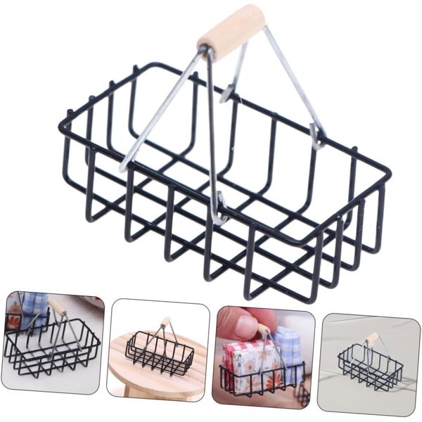 VICASKY Mini cestino portatile in lega con manico in vimini, nero, 4,5x3,5x2,5 cm