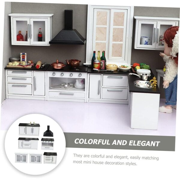 Set mobili cucina in miniatura VICASKY in legno nero, 7 pezzi per casa delle bambole