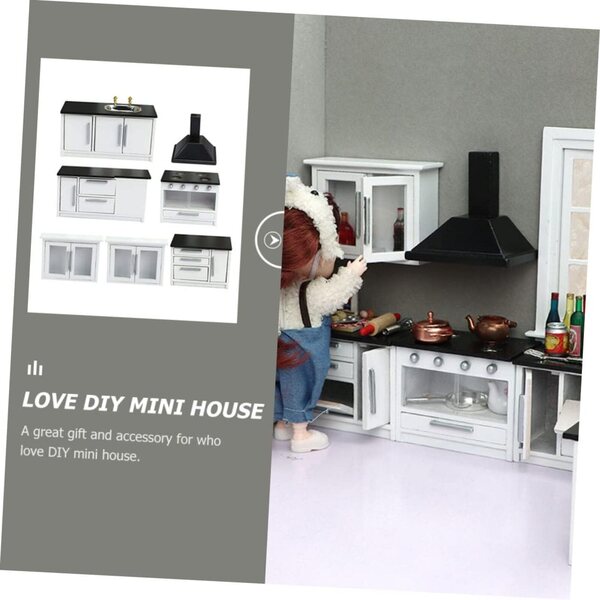 Set mobili cucina in miniatura VICASKY in legno nero, 7 pezzi per casa delle bambole
