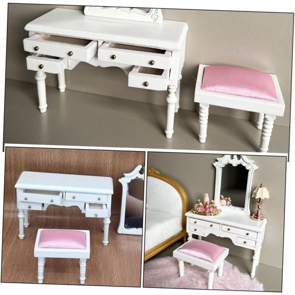 VICASKY Miniatur-Kosmetikset mit weißem Hocker 1:12 für Puppenhaus