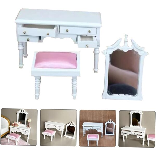 VICASKY Miniatur-Kosmetikset mit weißem Hocker 1:12 für Puppenhaus