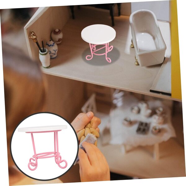VICASKY Tavolino Miniatura in Legno e Metallo Rosa per Casa delle Bambole Scala 1:12