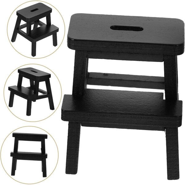 VICASKY Sgabello in legno miniatura nero, sgabello decorativo per casa delle bambole