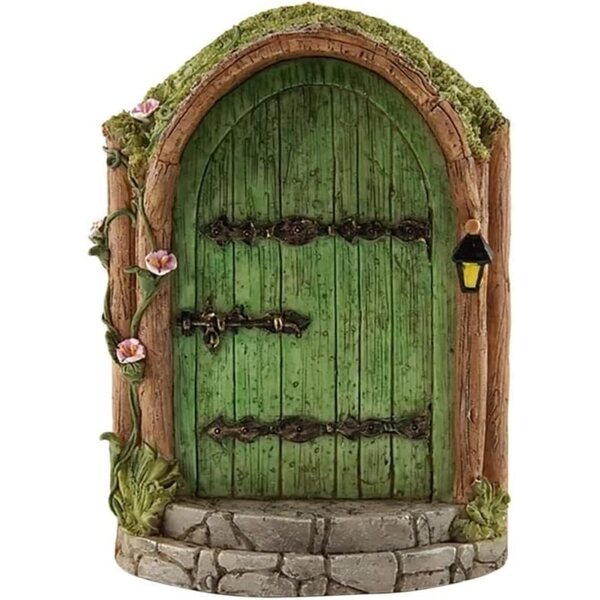 Grüne Miniatur-Feentür aus Holz für den Garten mit wetterfestem Design