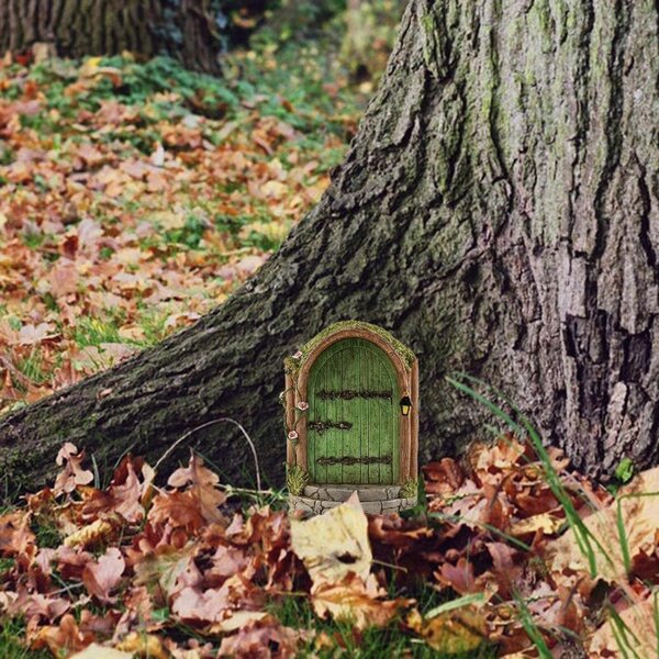 Grüne Miniatur-Feentür aus Holz für den Garten mit wetterfestem Design