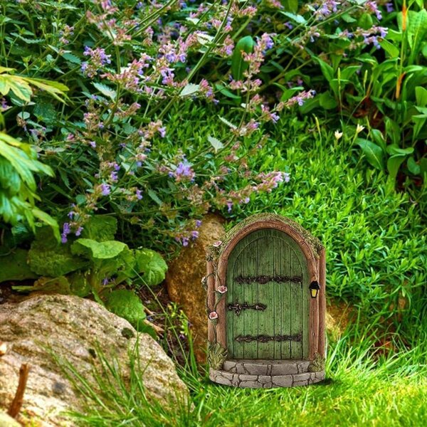 Grüne Miniatur-Feentür aus Holz für den Garten mit wetterfestem Design