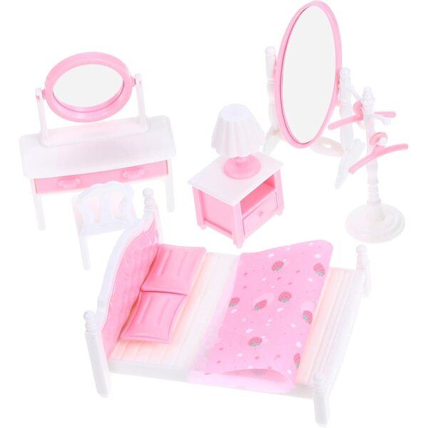 VICASKY 1:12 Puppenhaus-Miniaturmöbel-Set mit Spiegel und rosa Bett