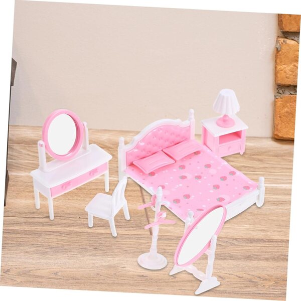 VICASKY Set Mobili Miniatura Casa delle Bambole 1:12 con Specchio e Letto Rosa