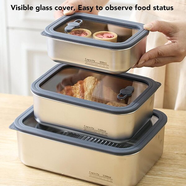 Fabater Set 3 Contenitori Pranzo in Acciaio Inox 304 con Coperchio Ermetico in Vetro