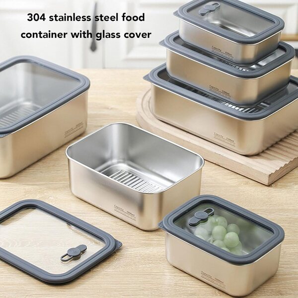 Fabater Set 3 Contenitori Pranzo in Acciaio Inox 304 con Coperchio Ermetico in Vetro