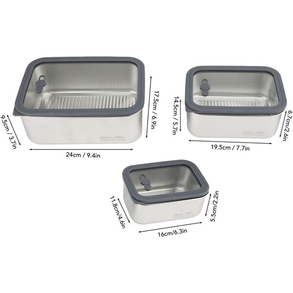 Fabater Set 3 Contenitori Pranzo in Acciaio Inox 304 con Coperchio Ermetico in Vetro