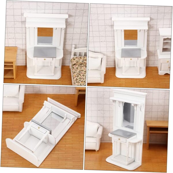 VICASKY Mini-Schminktisch aus weißem Holz für Puppenhaus, 17,5 x 10,2 cm