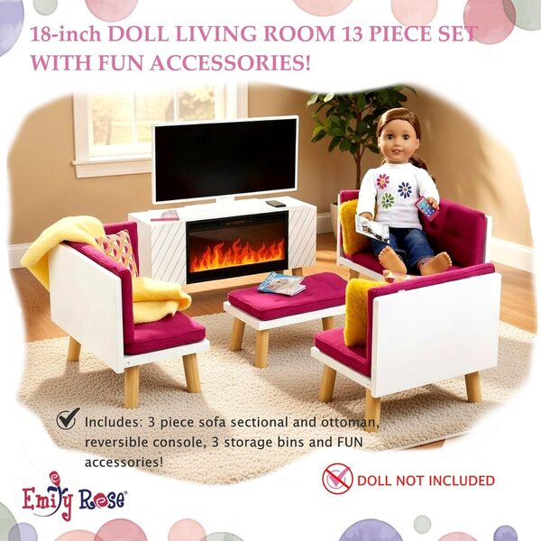 Emily Rose Set mobili 13 pezzi per bambole 45,7 cm con cuscini antiscivolo rosa