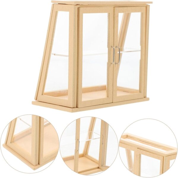 VICASKY Mini vetrina da dessert in legno e acrilico per casa delle bambole beige