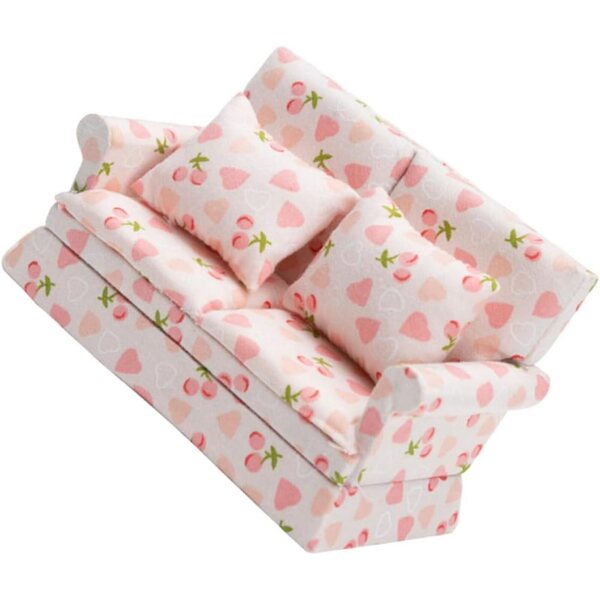 VICASKY Mini-Sofa aus Holz und Stoff für Puppenhaus, Rosa, 12,8 x 7,6 x 6 cm