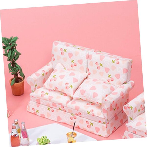 VICASKY Mini-Sofa aus Holz und Stoff für Puppenhaus, Rosa, 12,8 x 7,6 x 6 cm
