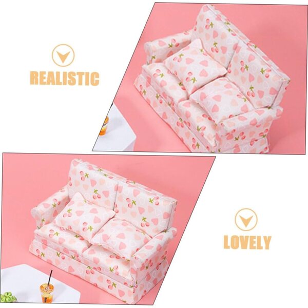 VICASKY Mini-Sofa aus Holz und Stoff für Puppenhaus, Rosa, 12,8 x 7,6 x 6 cm
