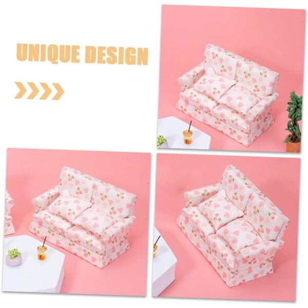 VICASKY Mini-Sofa aus Holz und Stoff für Puppenhaus, Rosa, 12,8 x 7,6 x 6 cm