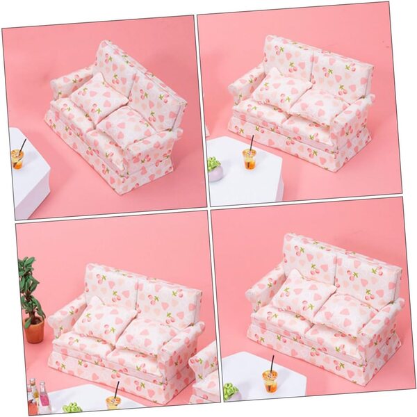 VICASKY Mini-Sofa aus Holz und Stoff für Puppenhaus, Rosa, 12,8 x 7,6 x 6 cm