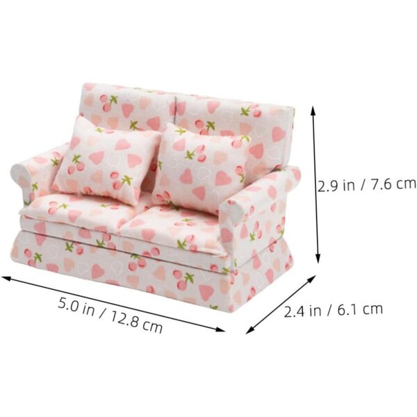 VICASKY Mini-Sofa aus Holz und Stoff für Puppenhaus, Rosa, 12,8 x 7,6 x 6 cm
