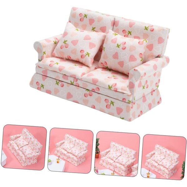 VICASKY Mini-Sofa aus Holz und Stoff für Puppenhaus, Rosa, 12,8 x 7,6 x 6 cm