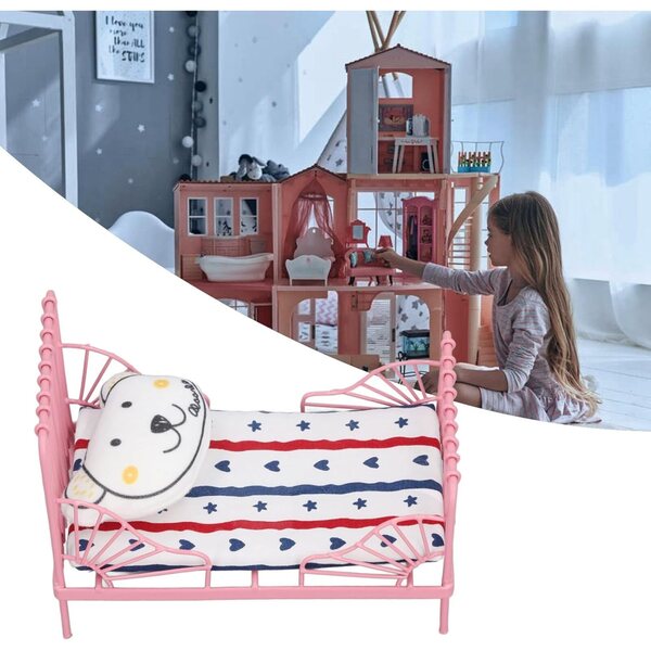 Metallbett für Puppenhaus 1:12 mit Matratze und Kissen – Vintage-Design