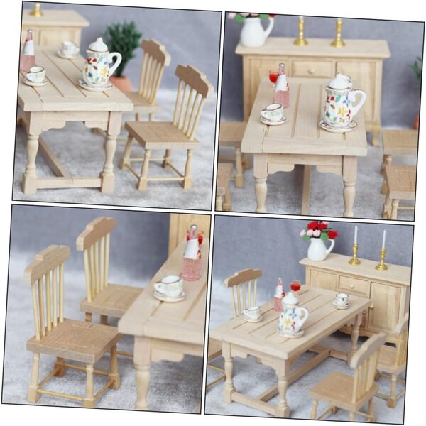 VICASKY Set Miniatura Tavolo e 4 Sedie in Legno per Casa delle Bambole Realistico