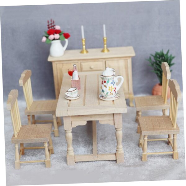 VICASKY Set Miniatura Tavolo e 4 Sedie in Legno per Casa delle Bambole Realistico