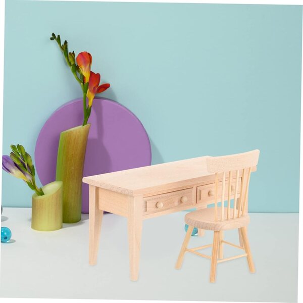 VICASKY Mini-Schreibtisch und Stuhl aus Holz für Puppenhaus – realistische Miniaturmöbel