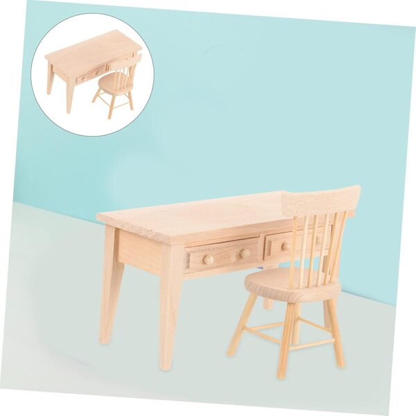 VICASKY Mini-Schreibtisch und Stuhl aus Holz für Puppenhaus – realistische Miniaturmöbel