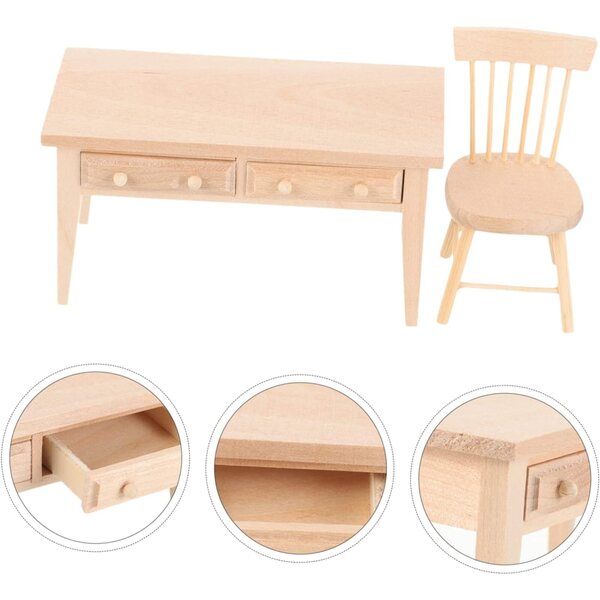 VICASKY Mini-Schreibtisch und Stuhl aus Holz für Puppenhaus – realistische Miniaturmöbel