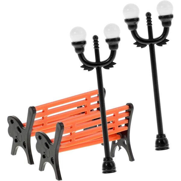 VICASKY-Set mit 4 Miniatur-Gartenmöbeln mit Bänken und Laternenpfählen für Puppenhäuser