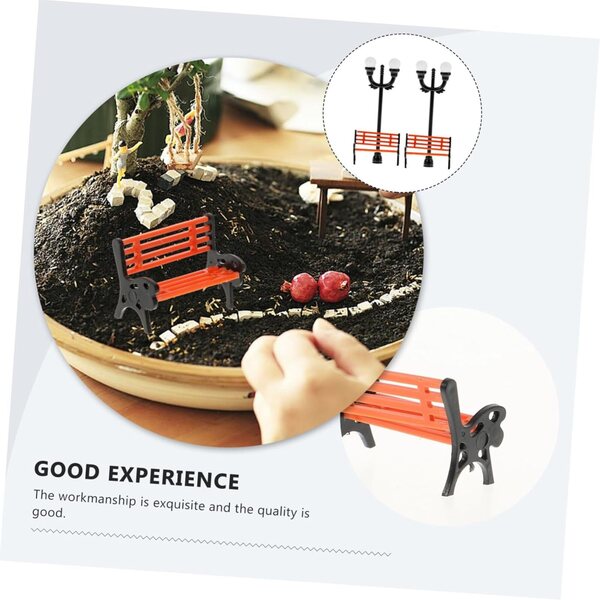 VICASKY-Set mit 4 Miniatur-Gartenmöbeln mit Bänken und Laternenpfählen für Puppenhäuser