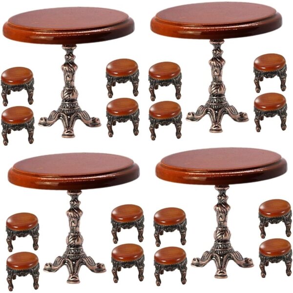 VICASKY Set aus 4 Couchtischen und 16 Hockern in Vintage-Holzminiatur für Puppenhaus