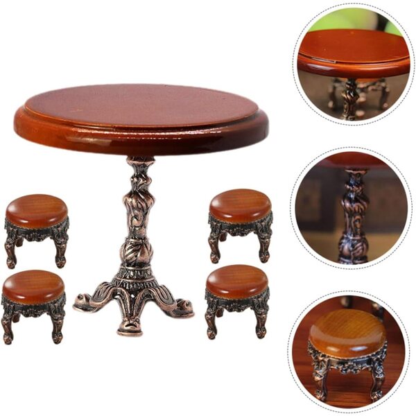 VICASKY Set 4 Tavolini e 16 Sgabelli in Miniatura Vintage in Legno per Casa delle Bambole