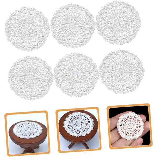 VICASKY Set mit 6 Mini-Spitzen-Tischsets 1:12 für Puppenhaus, dekorativ, Weiß