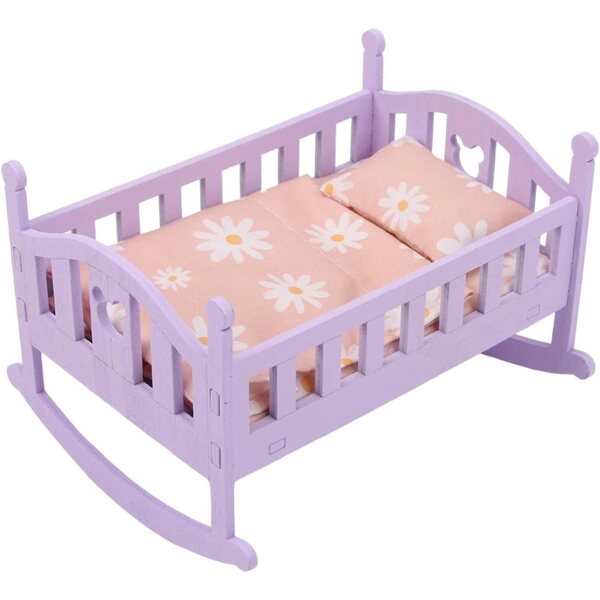 Holzbett für 1/12 Puppen mit Steppdecke und Kissen – Hochsimuliertes Rosa