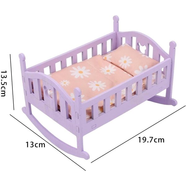 Holzbett für 1/12 Puppen mit Steppdecke und Kissen – Hochsimuliertes Rosa