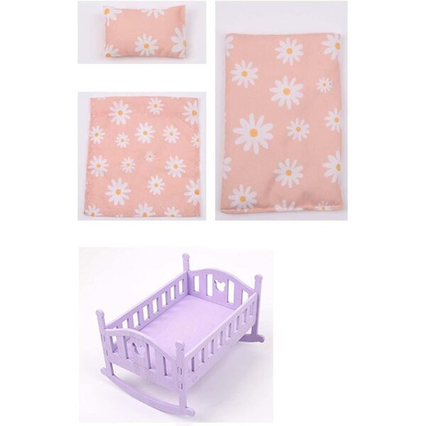 Holzbett für 1/12 Puppen mit Steppdecke und Kissen – Hochsimuliertes Rosa