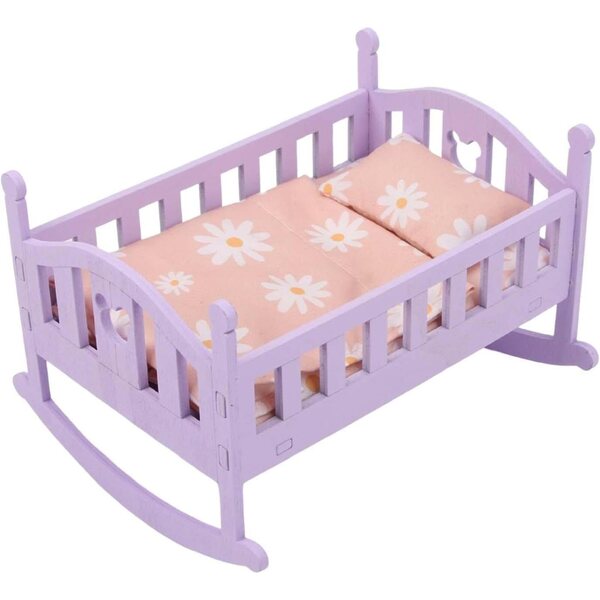 Holzbett für 1/12 Puppen mit Steppdecke und Kissen – Hochsimuliertes Rosa