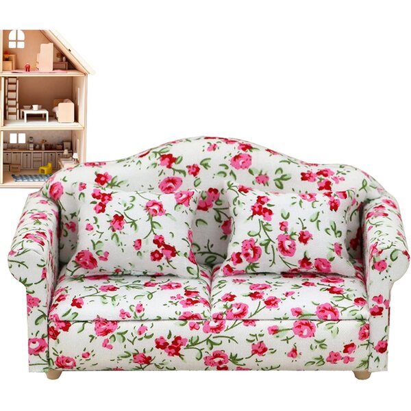 Set divano e poltrona casa delle bambole legno e tessuto, motivo floreale rosso
