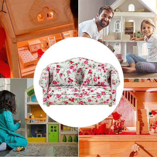 Set divano e poltrona casa delle bambole legno e tessuto, motivo floreale rosso