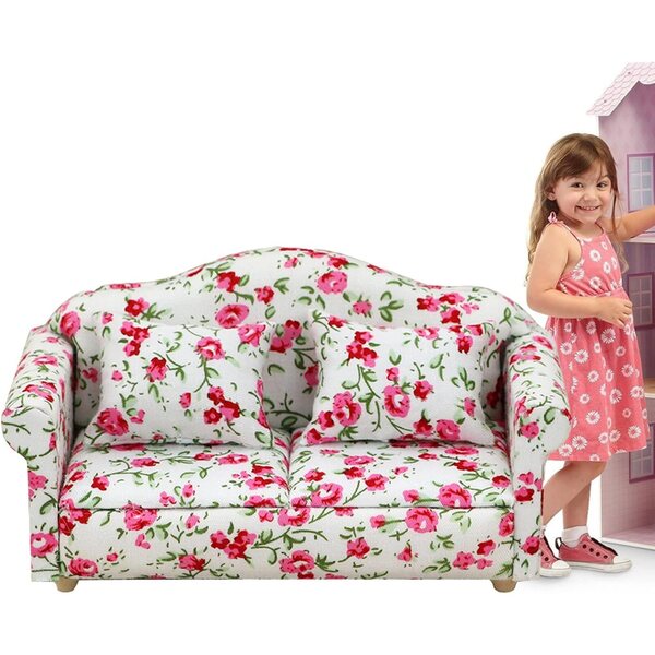 Set divano e poltrona casa delle bambole legno e tessuto, motivo floreale rosso