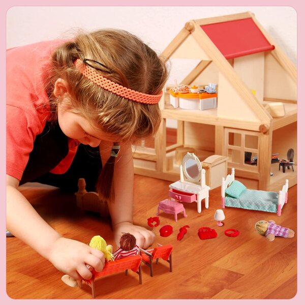 HyDren Puppenhaus aus Holz, 83 Teile, mit 8 Puppen und kompletten Möbeln