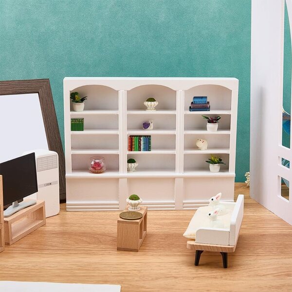 Libreria Miniatura in Legno Bianco 17,8x22,9 cm per Casa delle Bambole
