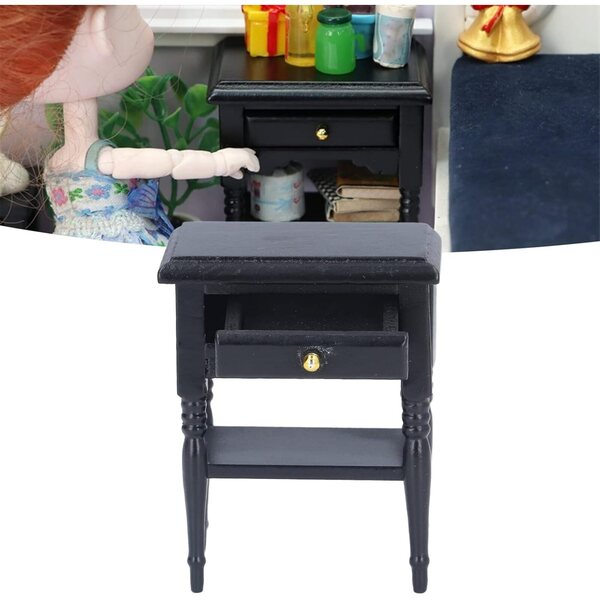 Comodino in legno betulla 1:12 per casa delle bambole, modello nero Picysa