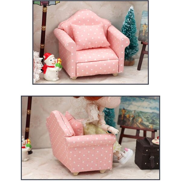 1:12 Mini-Holzsofa für Masyrt-Puppenhaus, rosa gepunkteter Stoff mit Kissen